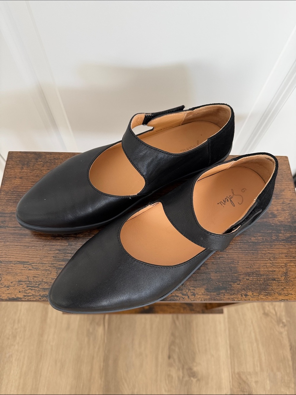Black Leather Mary Jane Flats with Strap